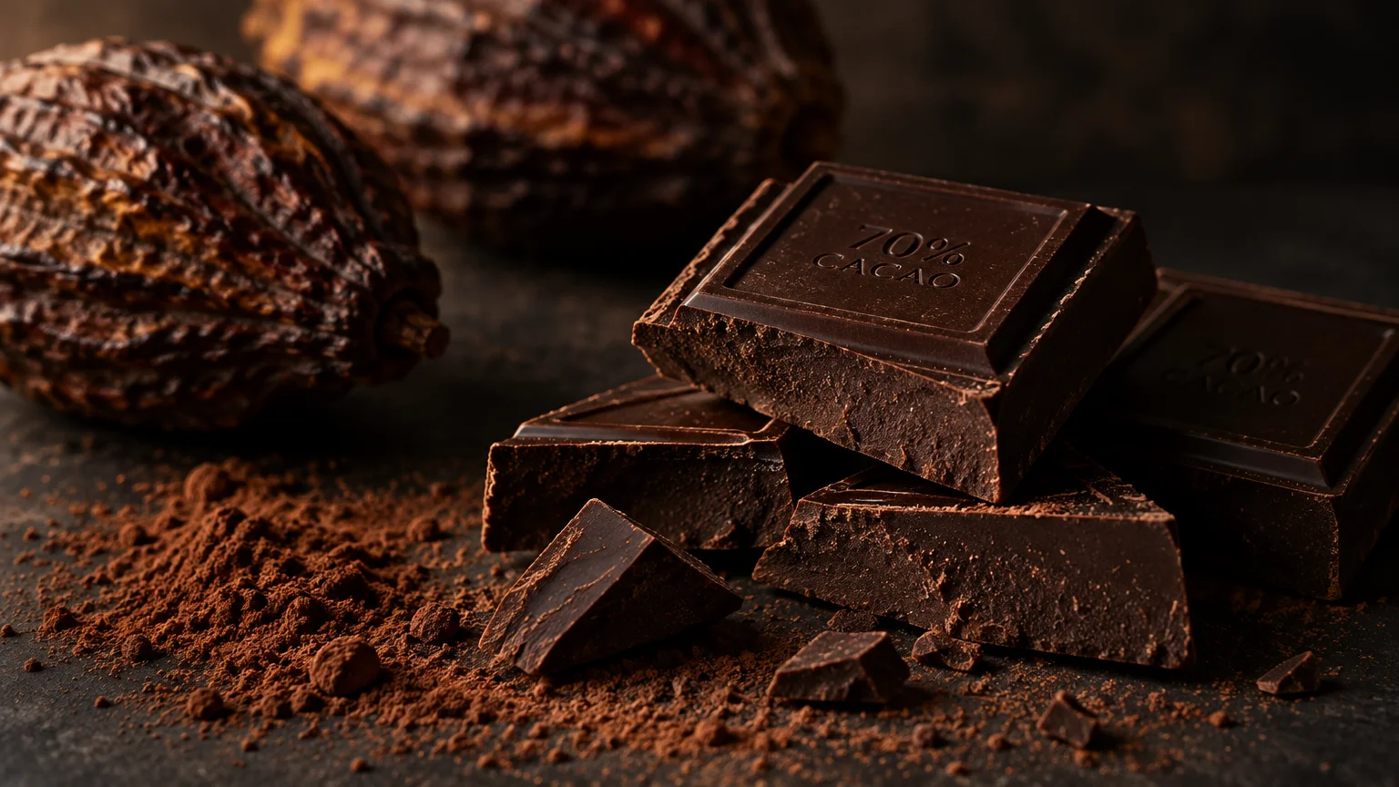 Stack of dark chocolate squares stamped with 70% cacao beside whole cocoa pods and scattered cocoa powder.