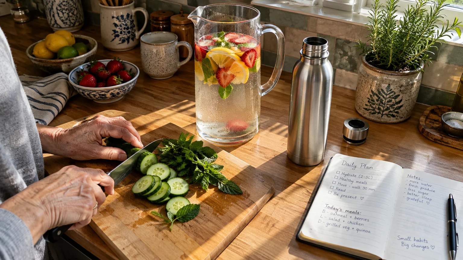 Slicing cucumbers on a wooden cutting board beside a pitcher of fruit-infused water, a thermos, and a planner notebook.