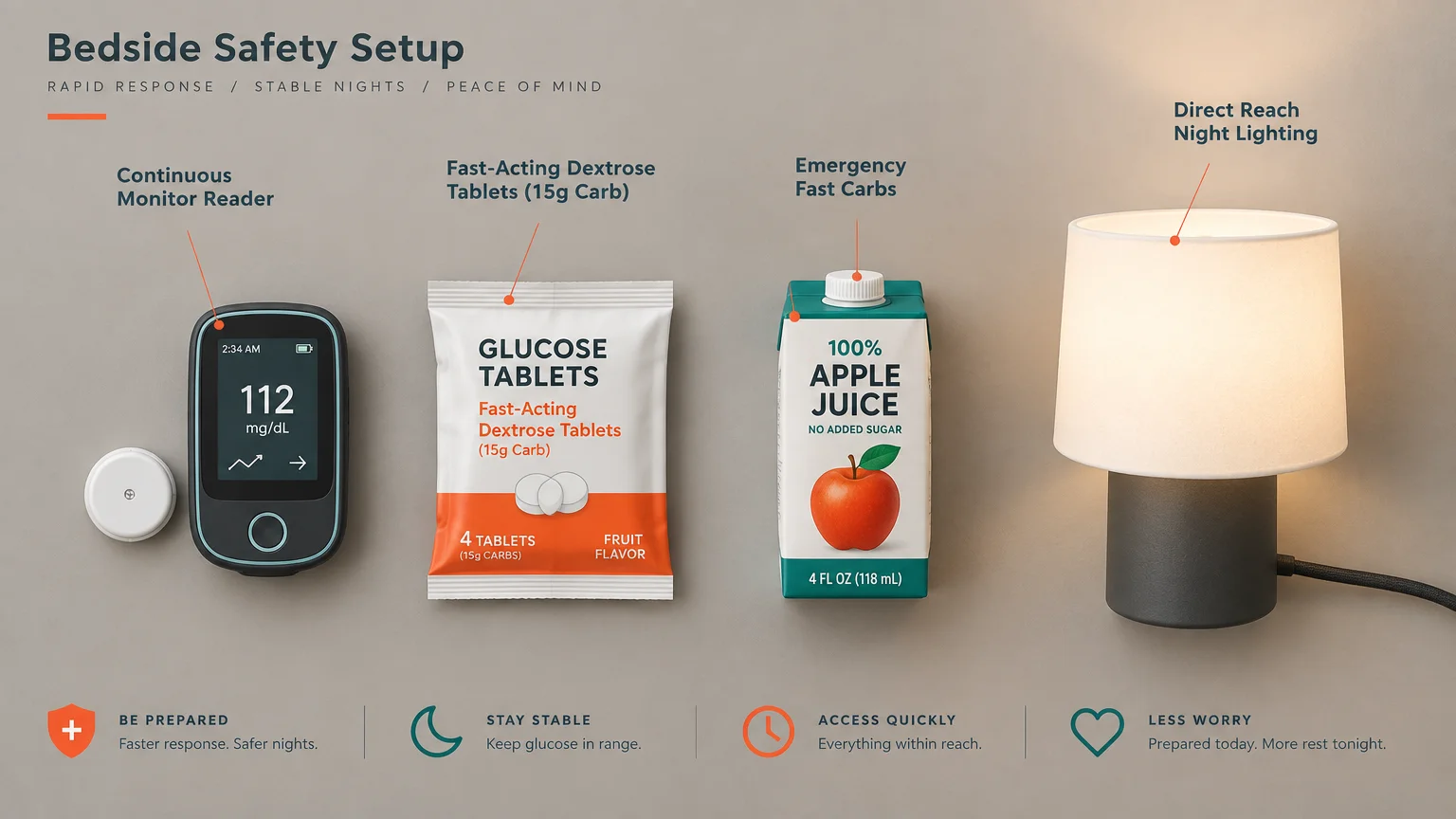 Bedside safety setup diagram with a glucose monitor, dextrose tablets, apple juice carton, and an illuminated lamp.