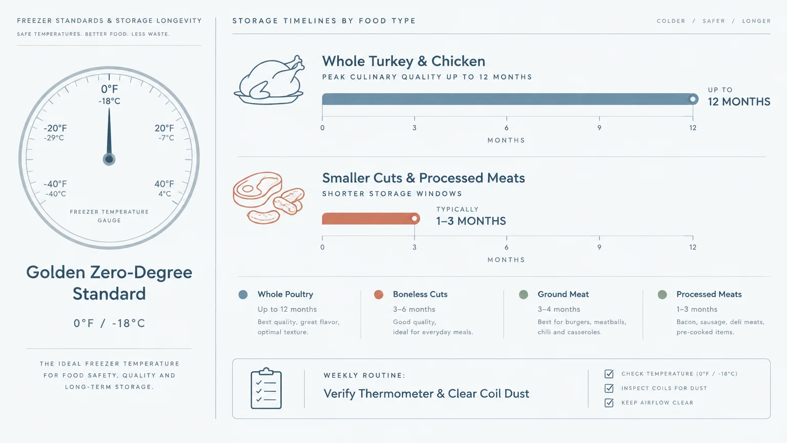 Diagram of a freezer temperature gauge at 0°F alongside storage timelines for poultry and processed meats.
