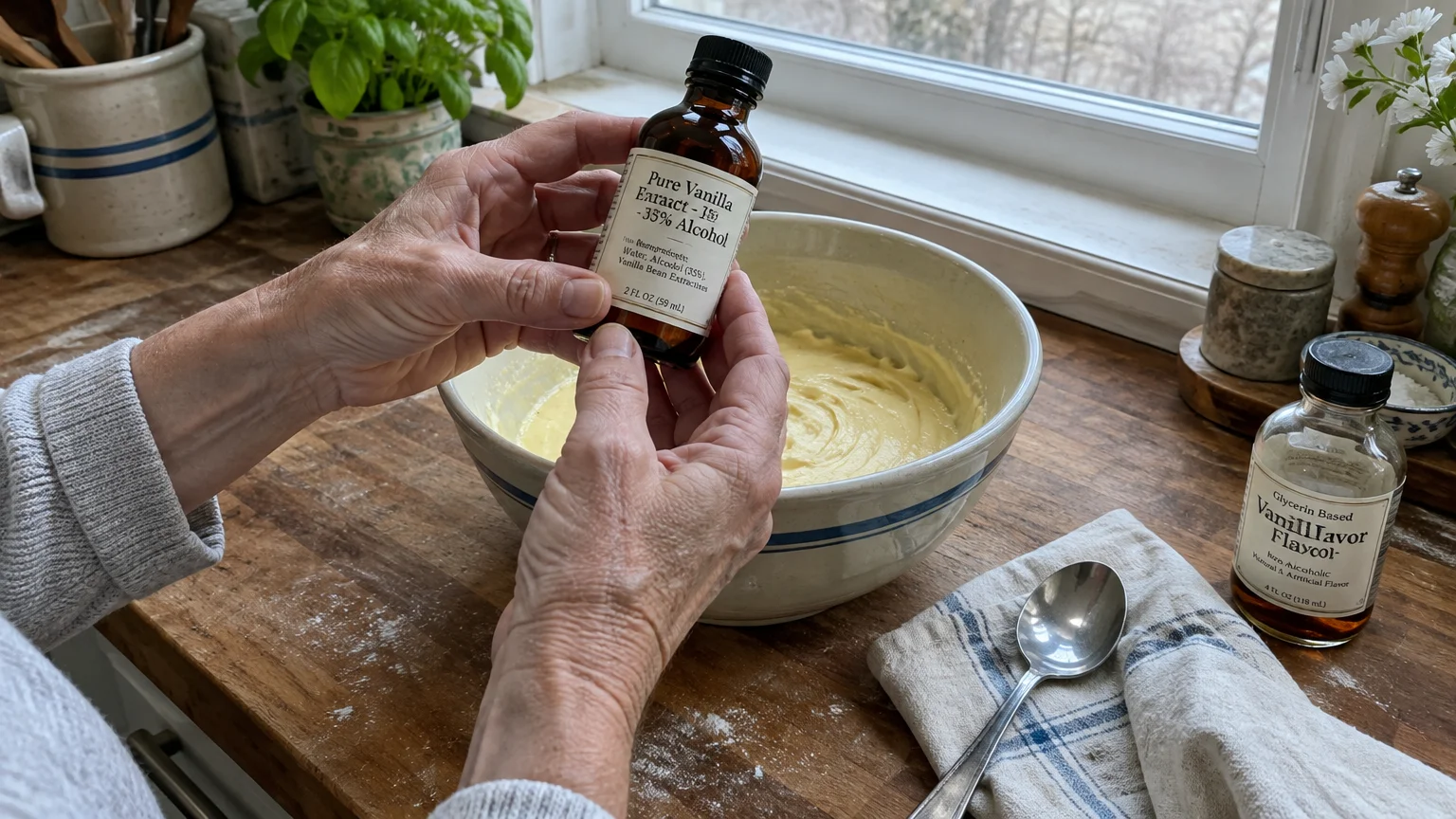Hands holding a bottle of pure vanilla extract labeled 35% alcohol over a bowl of yellow batter on a wooden counter.