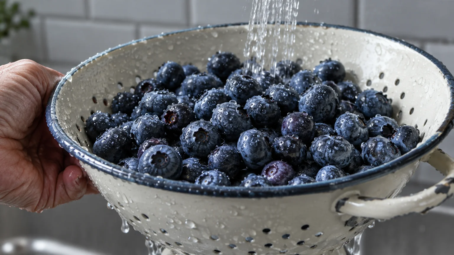 Fresh blueberries being rinsed under running water in a white enamel colander held by a person's hand.