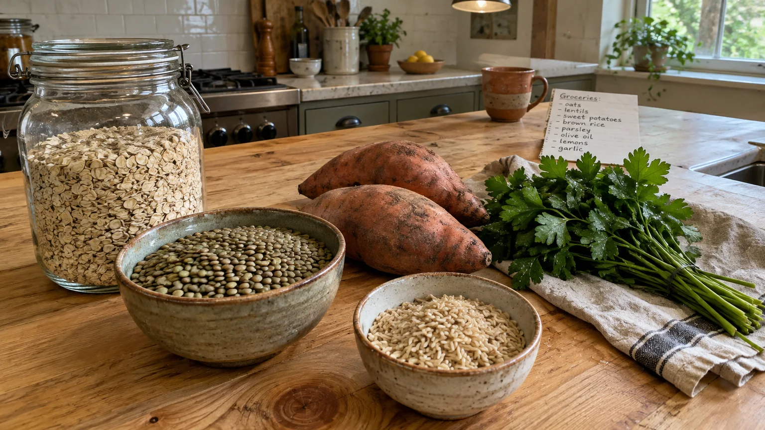 A kitchen island with a jar of rolled oats, bowls of lentils and brown rice, sweet potatoes, and fresh parsley.