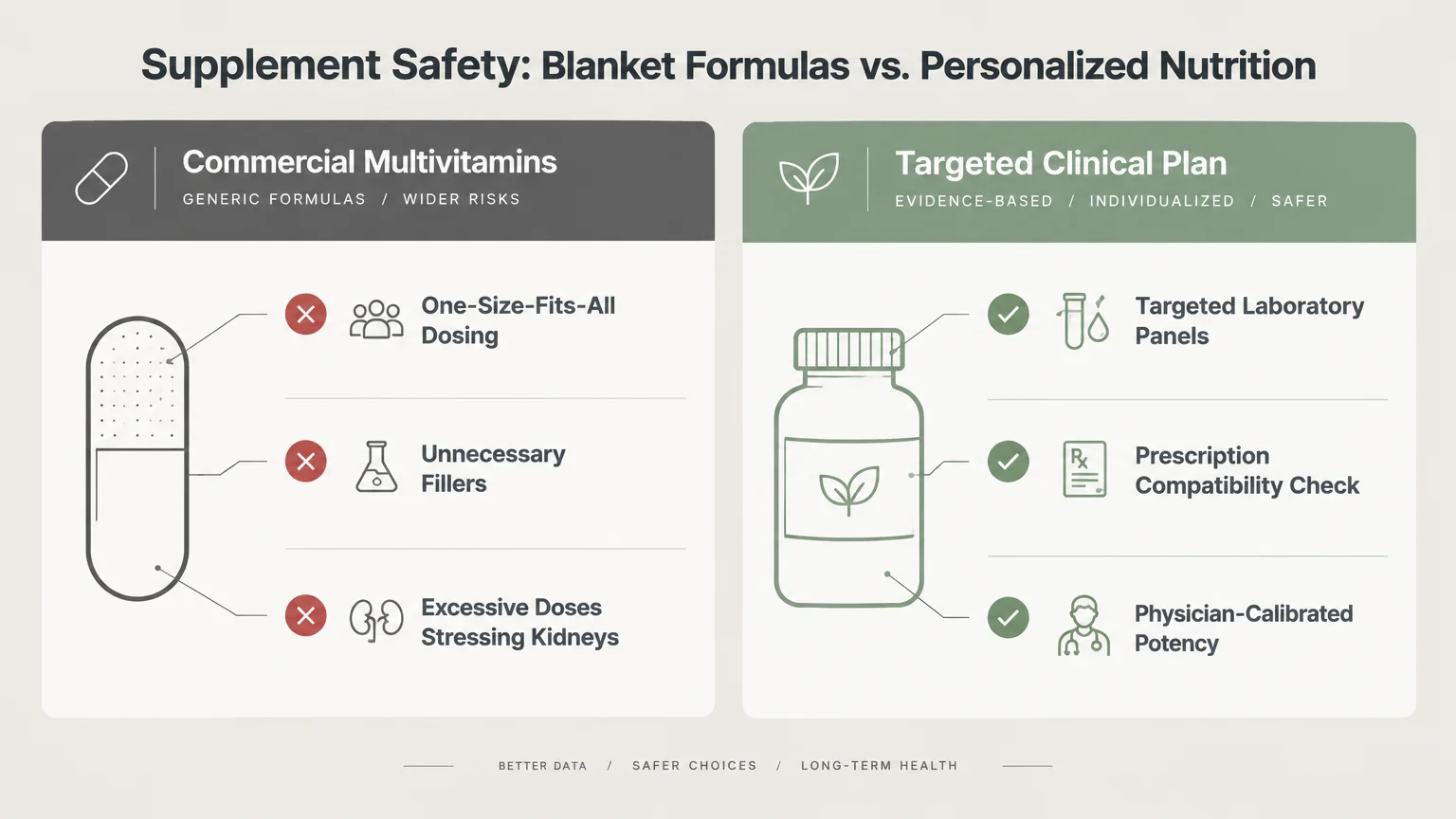 Diagram comparing commercial multivitamins and generic formulas with a targeted clinical plan and personalized nutrition.