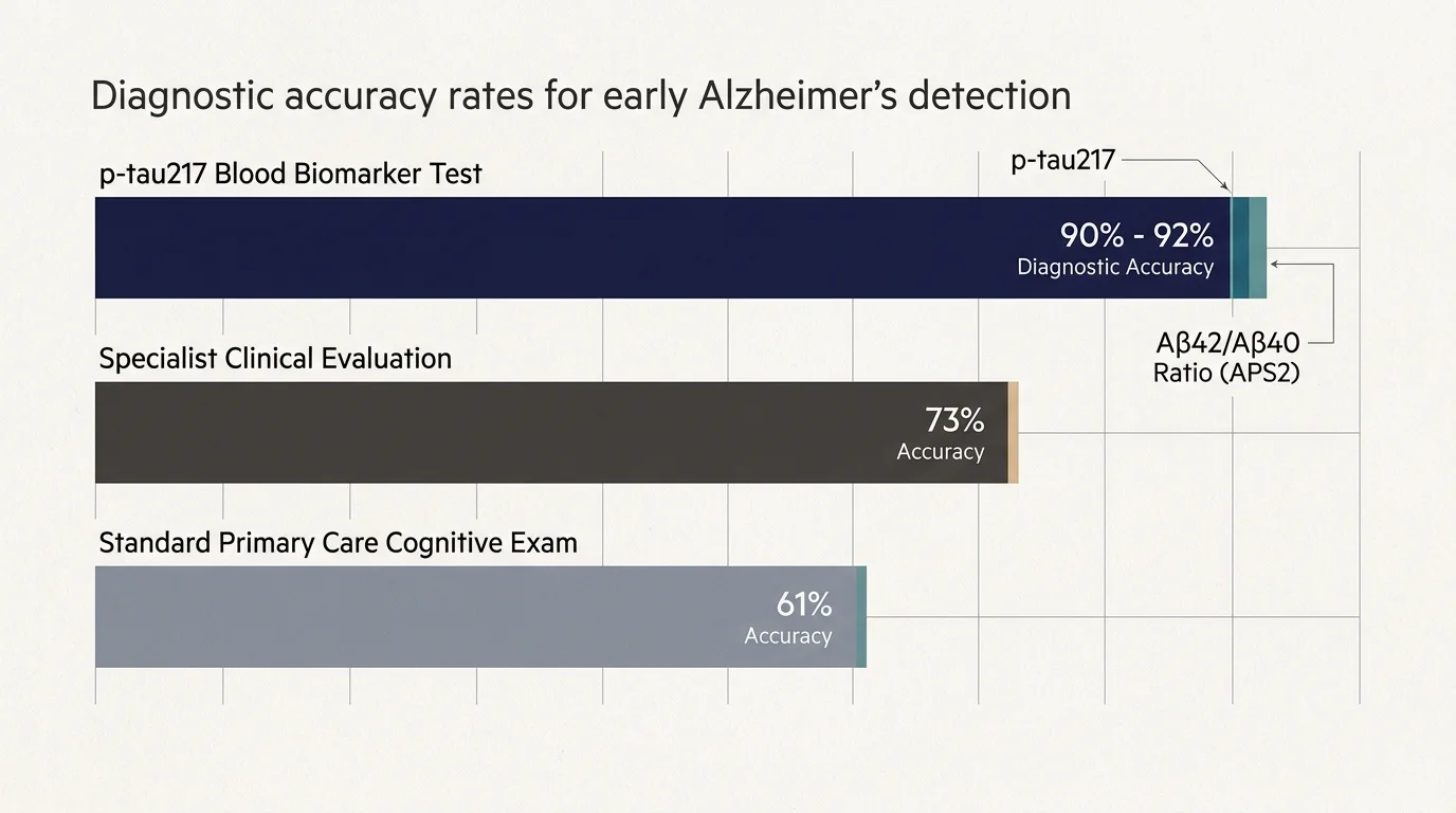 Bar chart showing diagnostic accuracy for blood biomarker tests, specialist evaluations, and standard primary care exams.