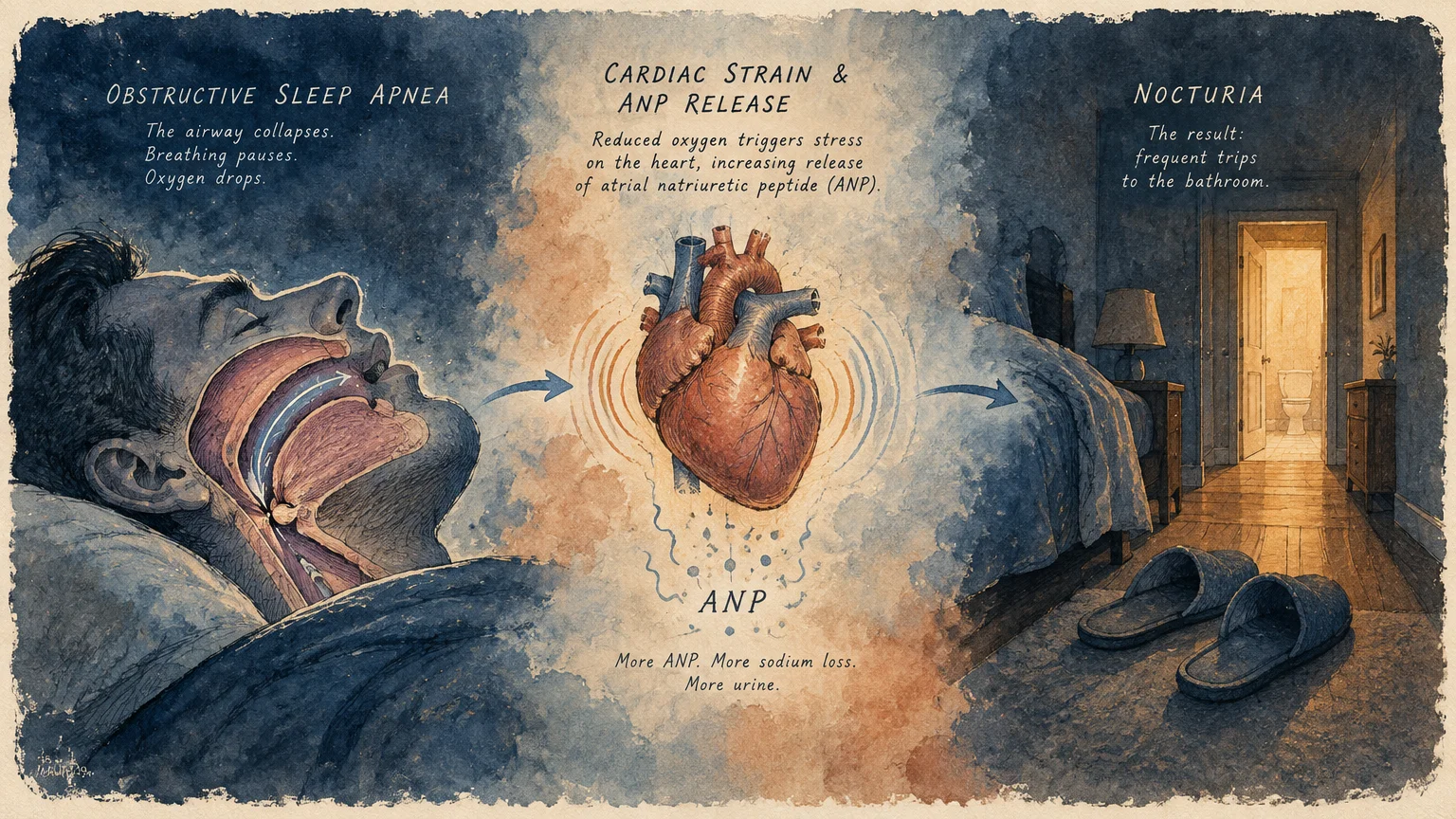Diagram showing sleep apnea airway collapse leading to heart strain and an open doorway to a bathroom at night.