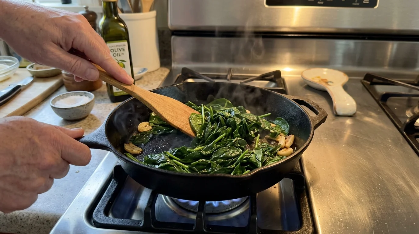 Fresh spinach leaves and garlic cloves sautéing in a hot cast-iron skillet on a gas stove.