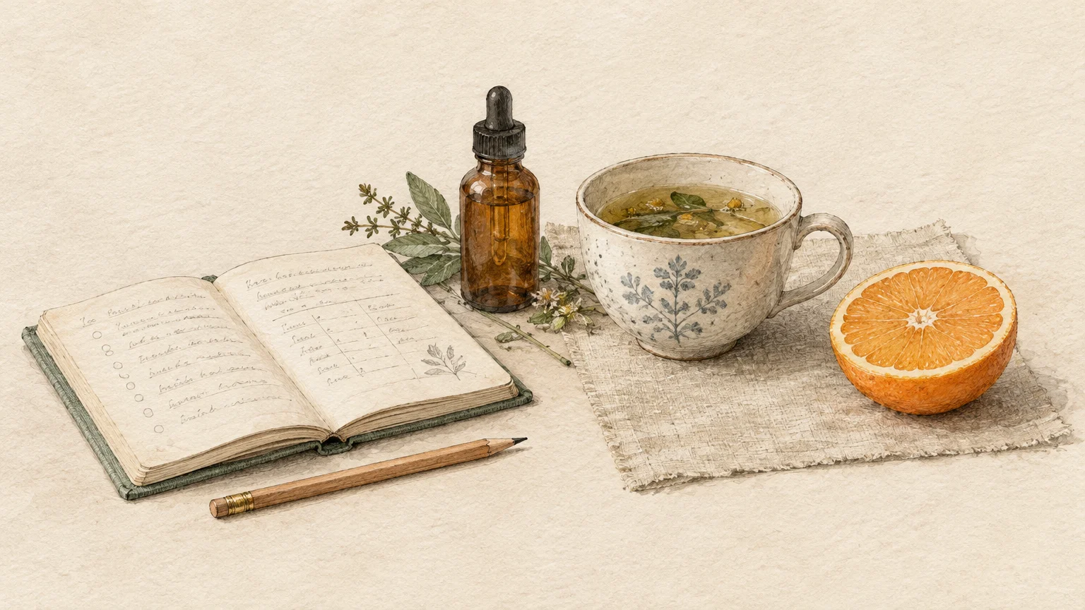 Illustration of an open journal, pencil, herbal tea cup, amber dropper bottle, and sliced orange on linen.