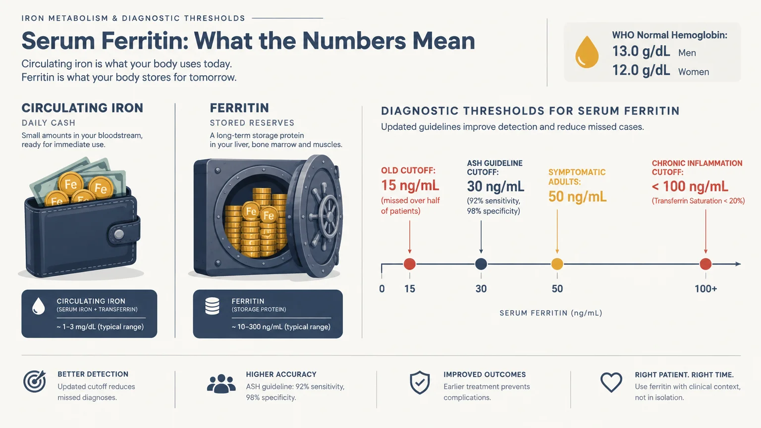 Medical diagram comparing circulating iron in a wallet to ferritin stored in a vault, alongside diagnostic thresholds.