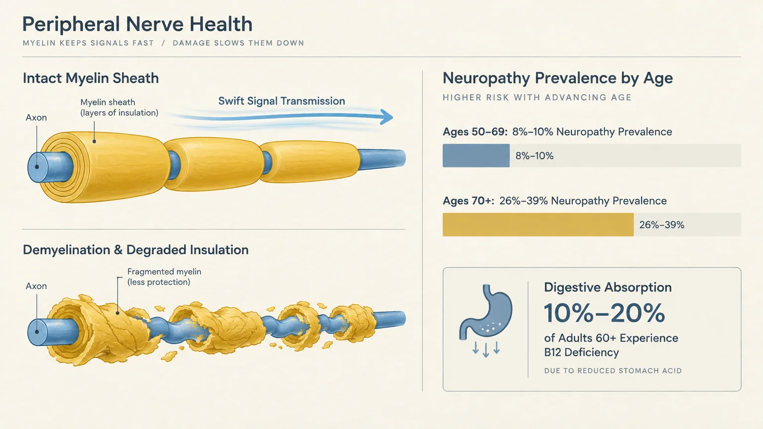 Diagram comparing intact and demyelinated nerve axons beside charts showing neuropathy prevalence by age and B12 deficiency.