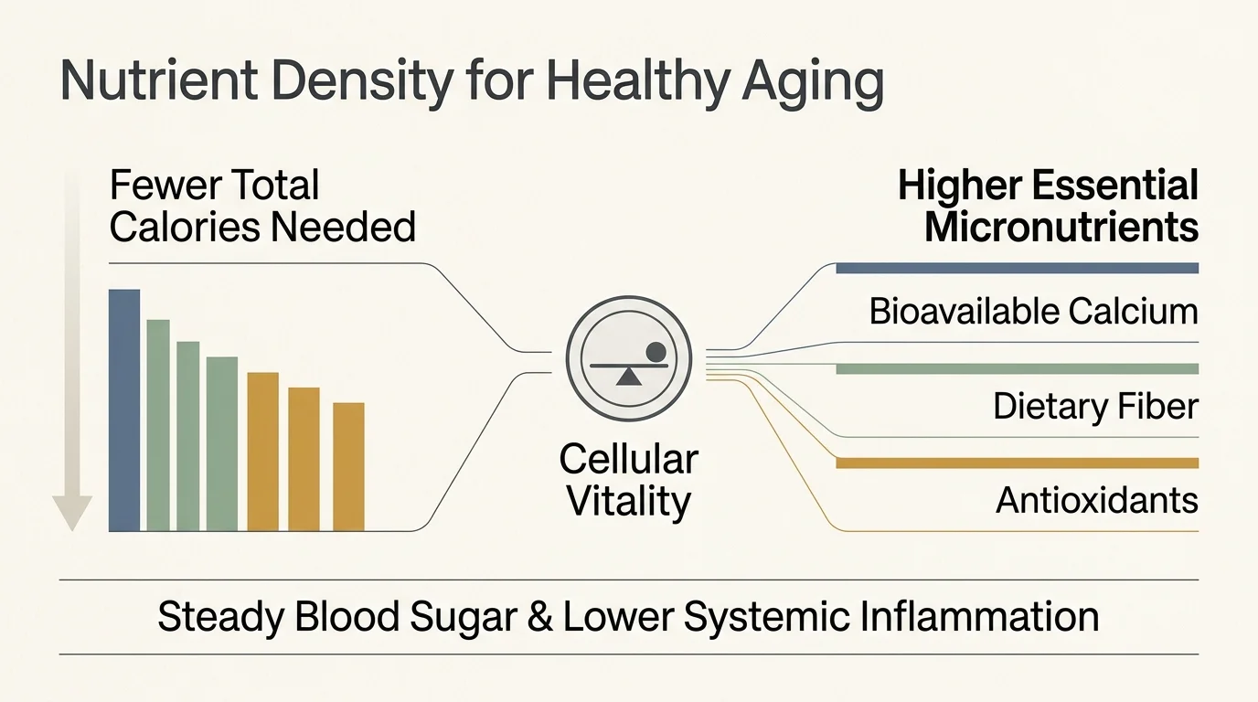 Diagram contrasting declining calorie needs with higher essential micronutrients leading to cellular vitality.