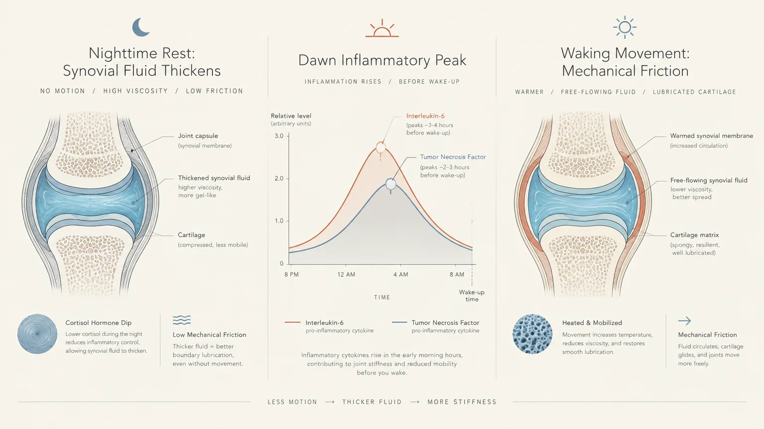 Three-panel diagram of joint cross sections at night and waking, with a line graph showing a dawn inflammatory peak.