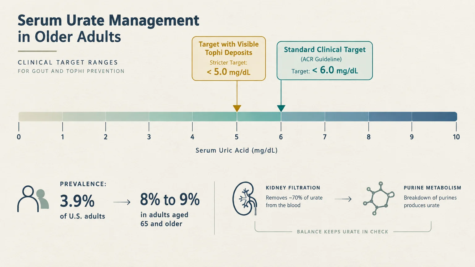 Diagram of a serum uric acid scale with clinical targets at 5.0 and 6.0 mg/dL, plus gout prevalence statistics.