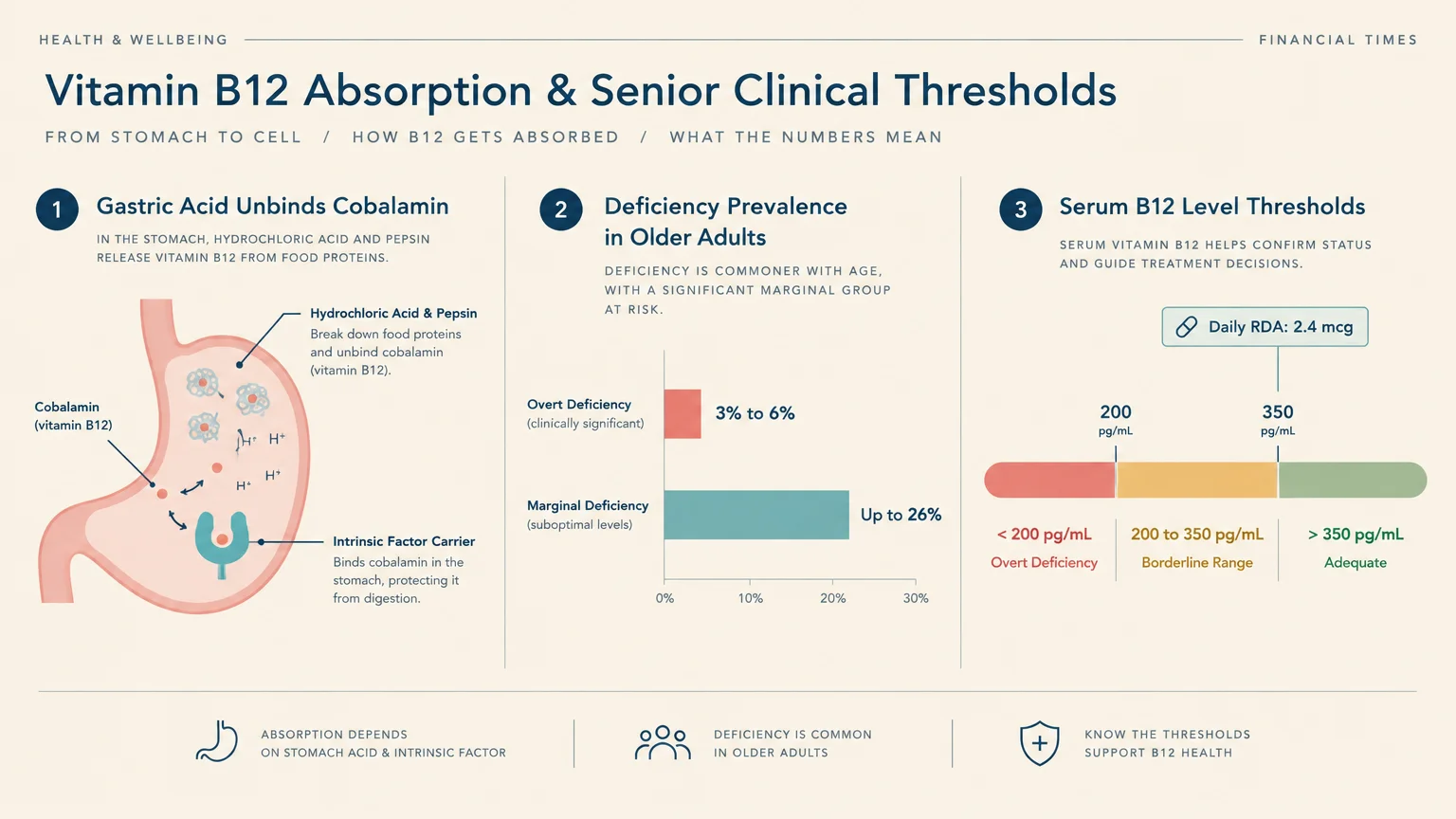 Infographic detailing B12 stomach absorption, deficiency prevalence in older adults, and serum level threshold ranges.