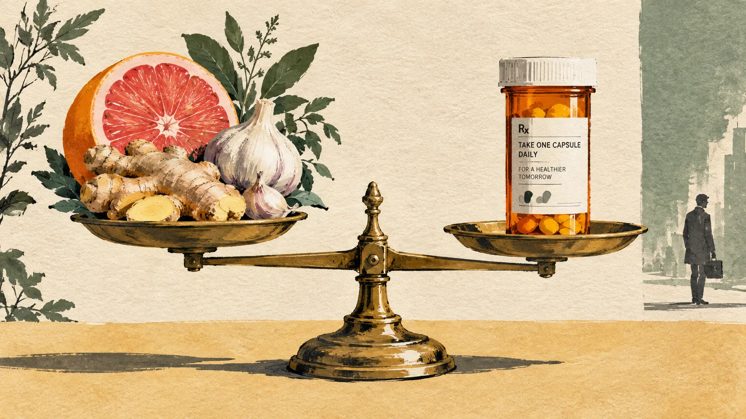 Illustration of a balance scale holding fresh produce and ginger on one side and a prescription pill bottle on the other.