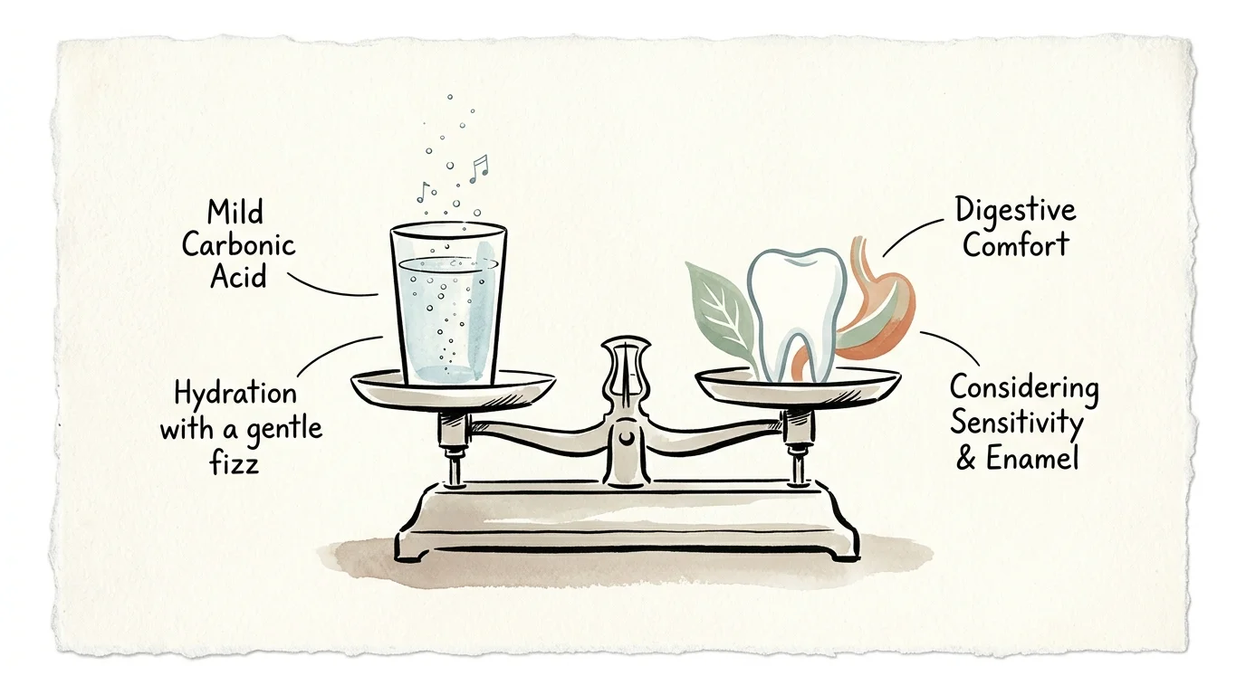 Illustration of a scale balancing a glass of sparkling water on one side against a tooth and stomach on the other.