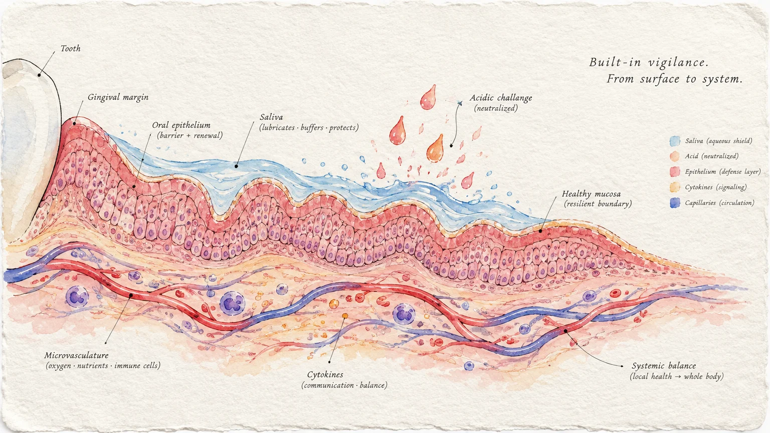 Medical watercolor diagram labeling oral epithelium, saliva barrier, microvasculature, and cytokines next to a tooth.
