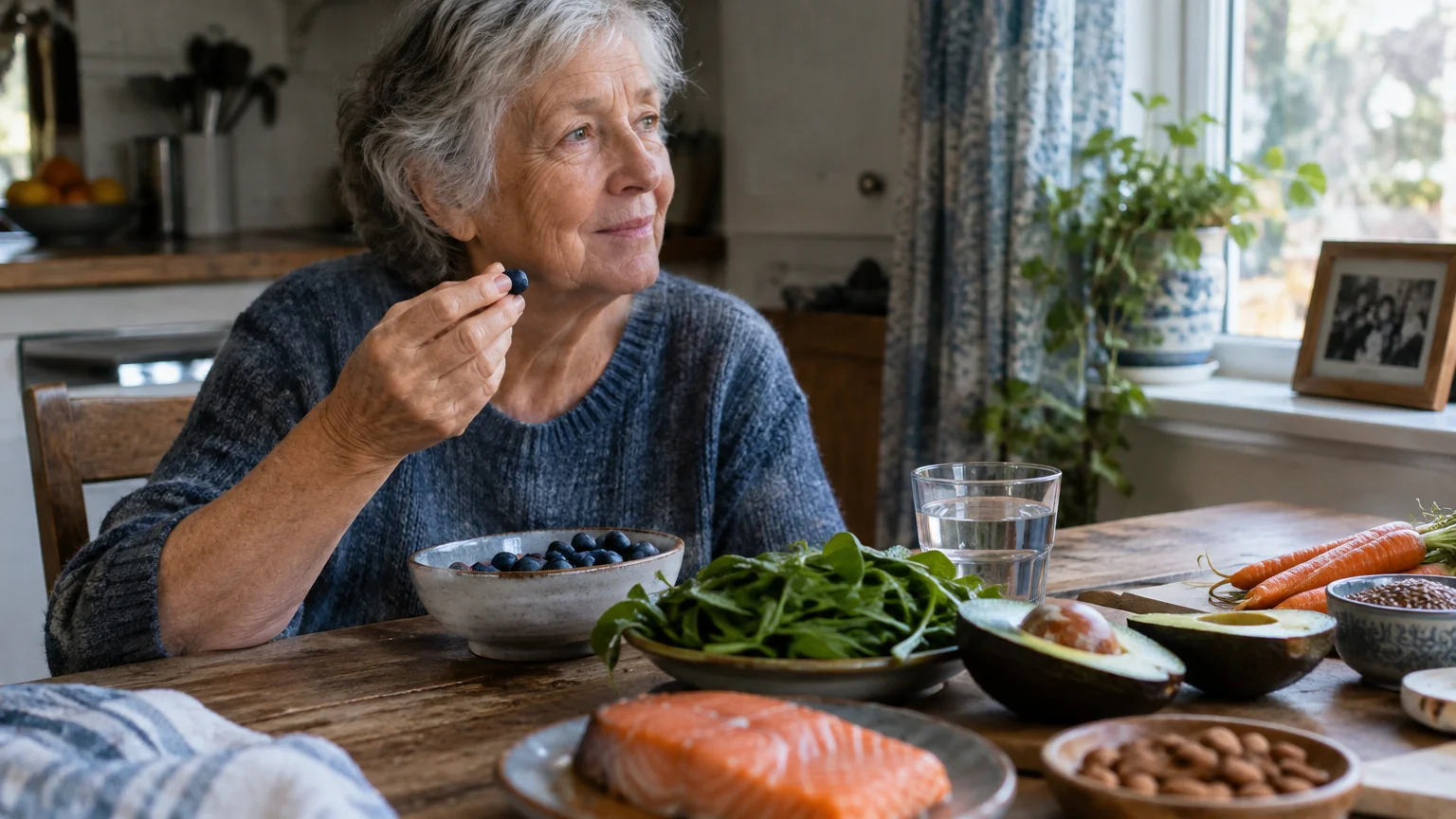 A senior woman sits at a wooden table eating blueberries, surrounded by salmon, greens, avocado, carrots, and nuts.