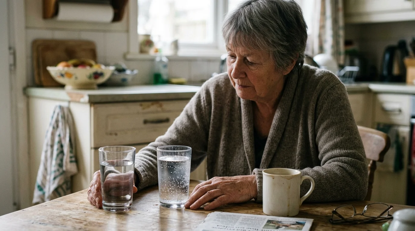 An older woman sits at a wooden table looking between a glass of still water and a glass of sparkling water.