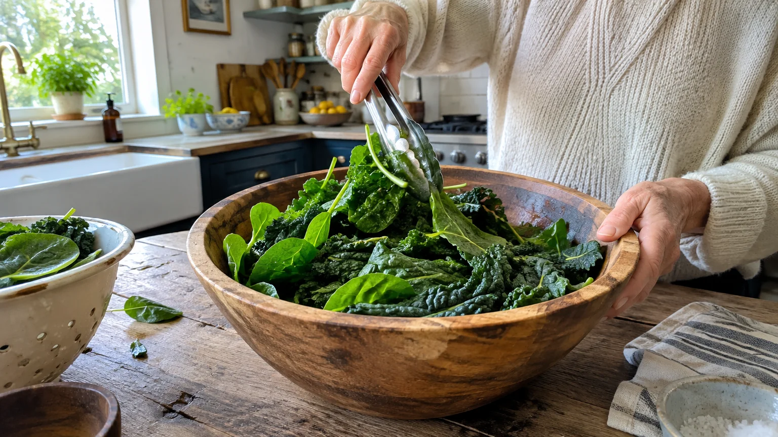A person in a cream knit sweater tosses fresh dark leafy greens in a large wooden bowl using metal tongs.
