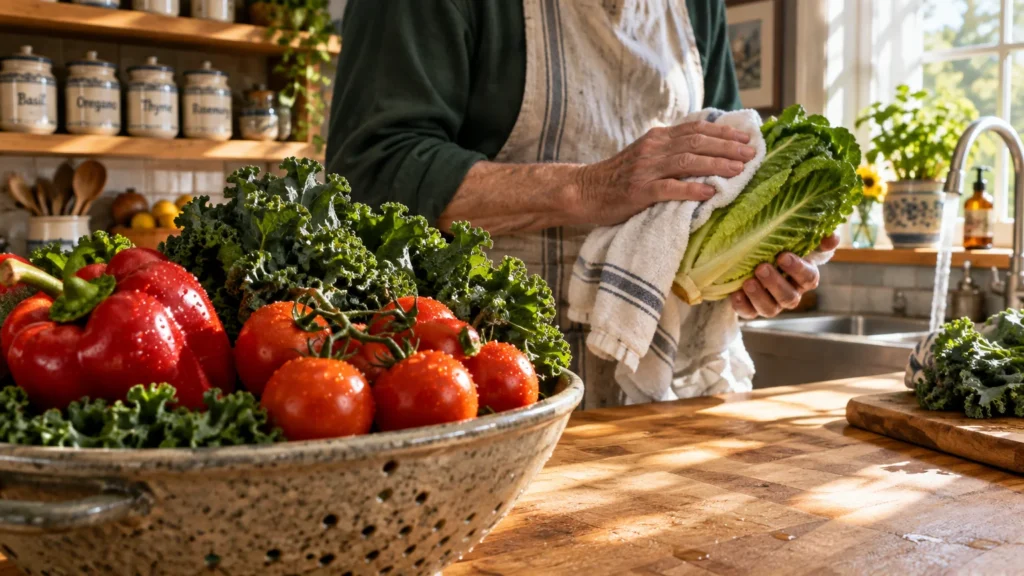 Person drying romaine lettuce with a dish towel next to a colander filled with kale, red peppers, and tomatoes.