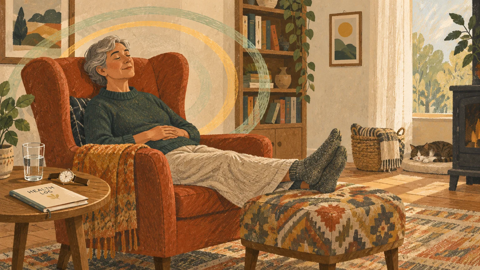Illustration of an older woman relaxing in an armchair with feet on an ottoman in a cozy living room with a cat.