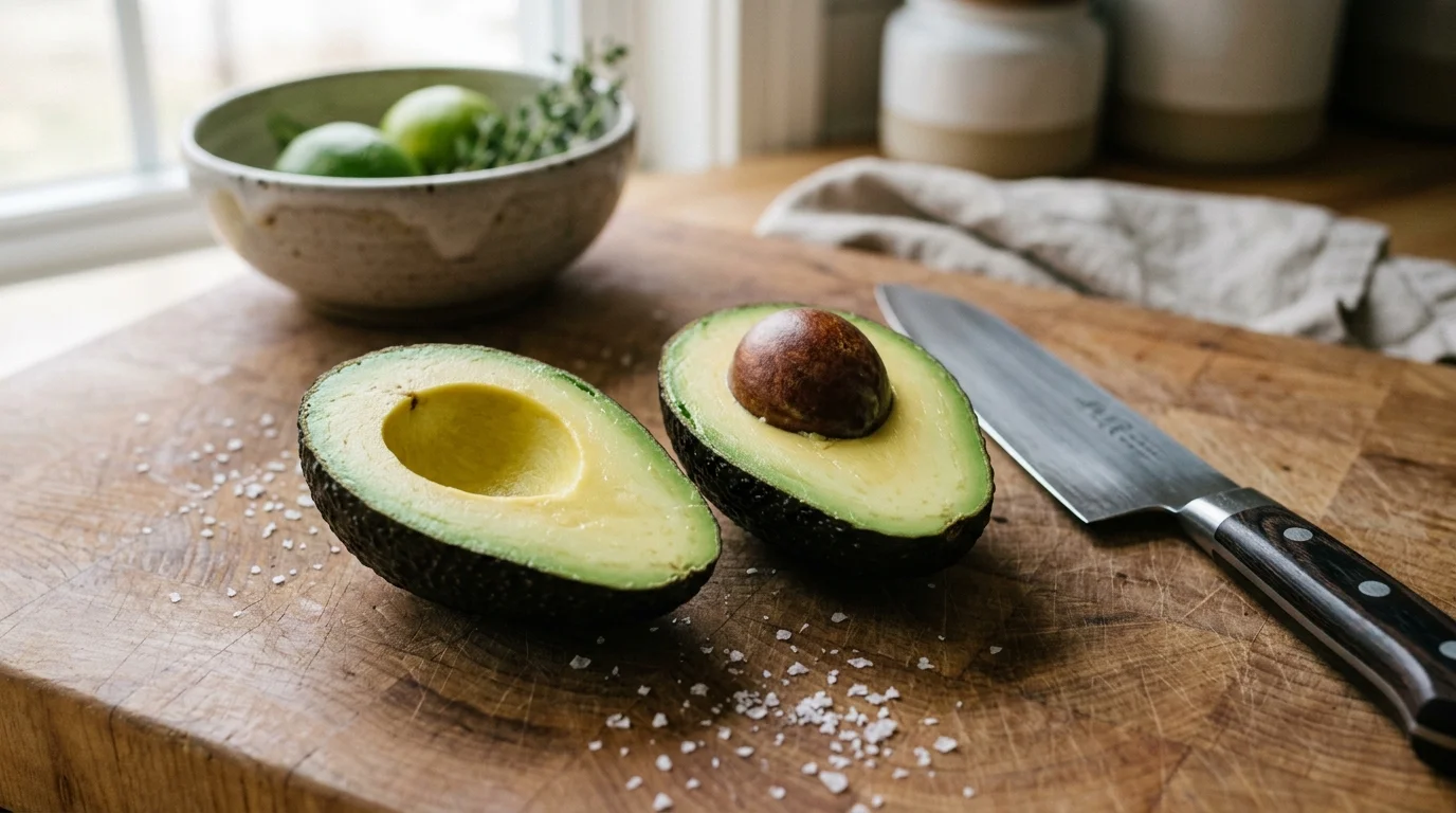 Halved avocado resting on a wooden cutting board beside a kitchen knife, with coarse salt sprinkled around.