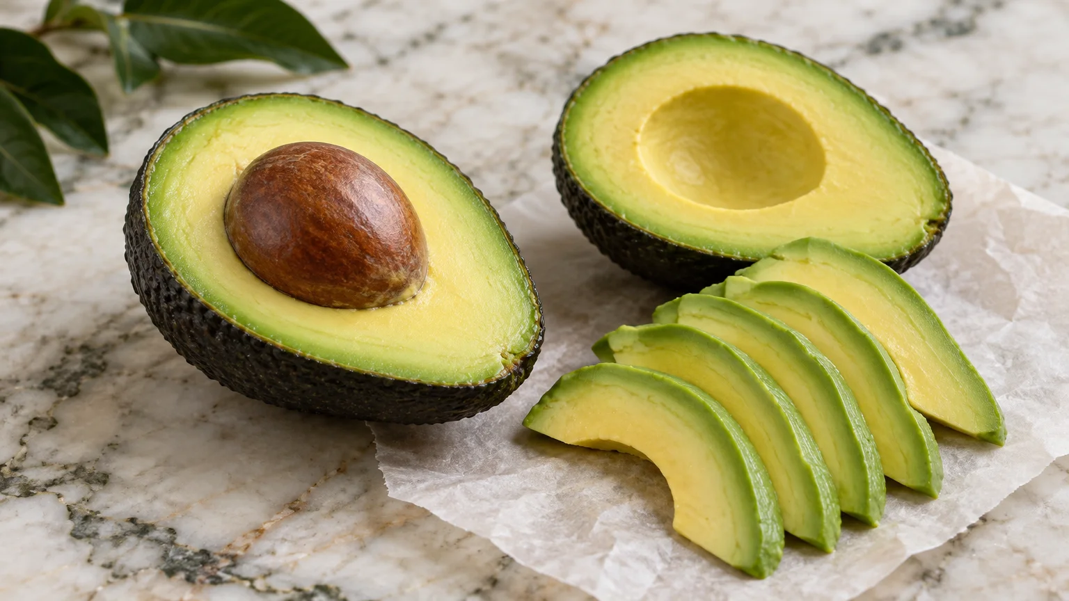 Halved avocado with pit intact alongside a pitted half and green avocado slices resting on white parchment paper.