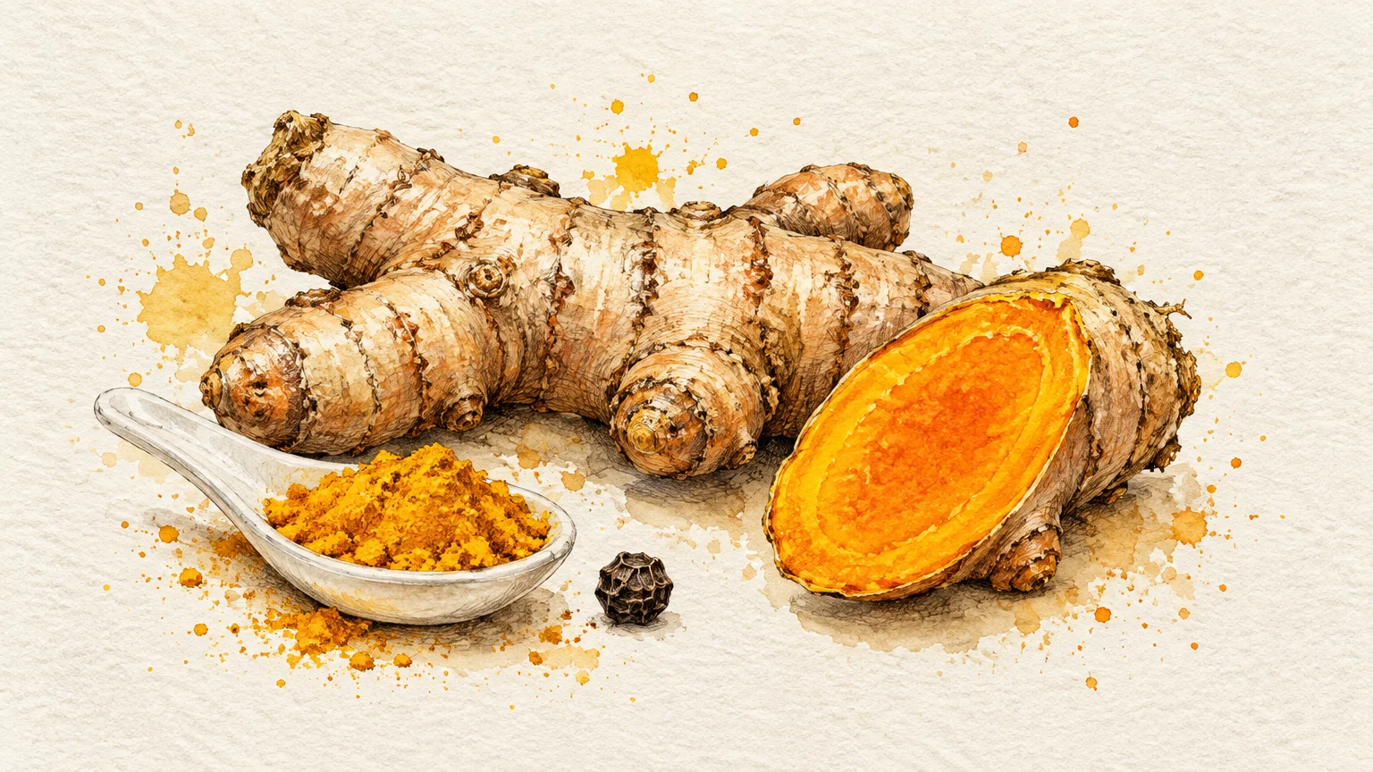 Watercolor illustration of fresh turmeric root, a sliced piece, a spoon of yellow turmeric powder, and a black peppercorn.