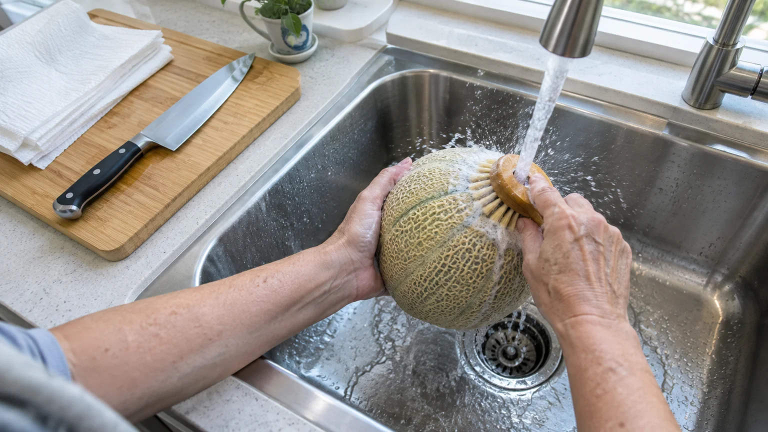 Hands washing and scrubbing a whole cantaloupe with a bristle brush under running water in a stainless steel sink.