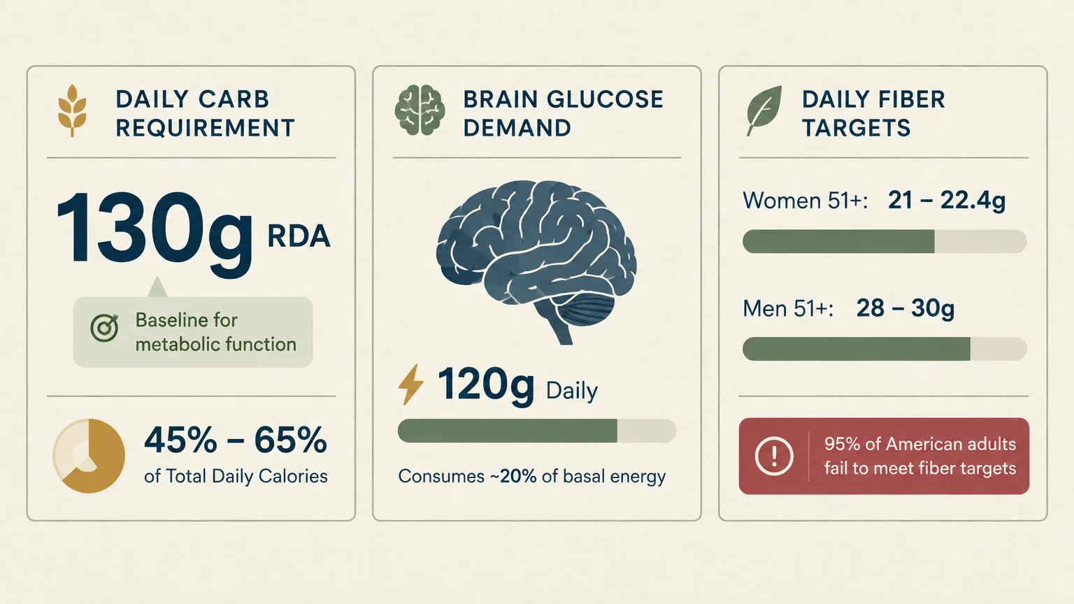 Diagram outlining daily carbohydrate RDA of 130 grams, brain glucose demand of 120 grams, and fiber targets for seniors.