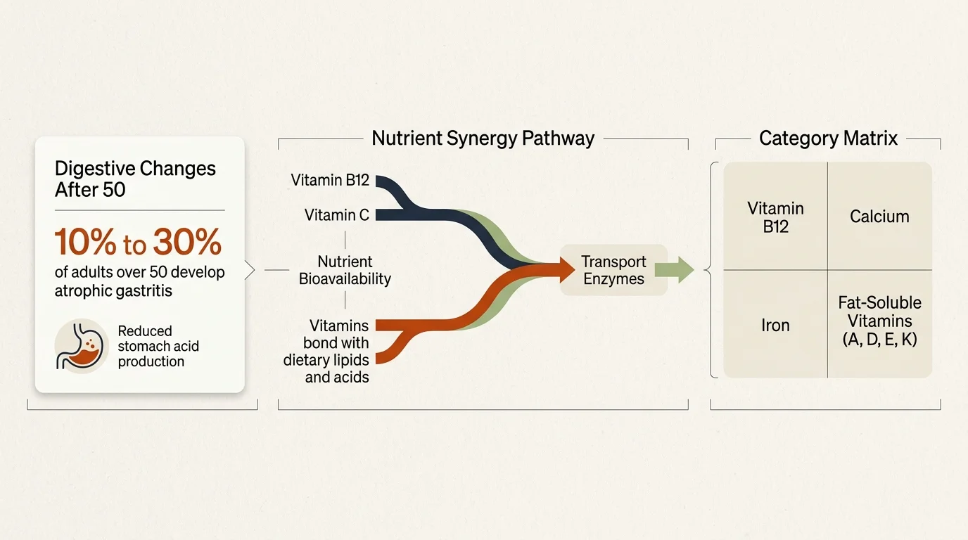 Infographic illustrating digestive changes after 50, a nutrient synergy pathway, and a category matrix of vitamins.