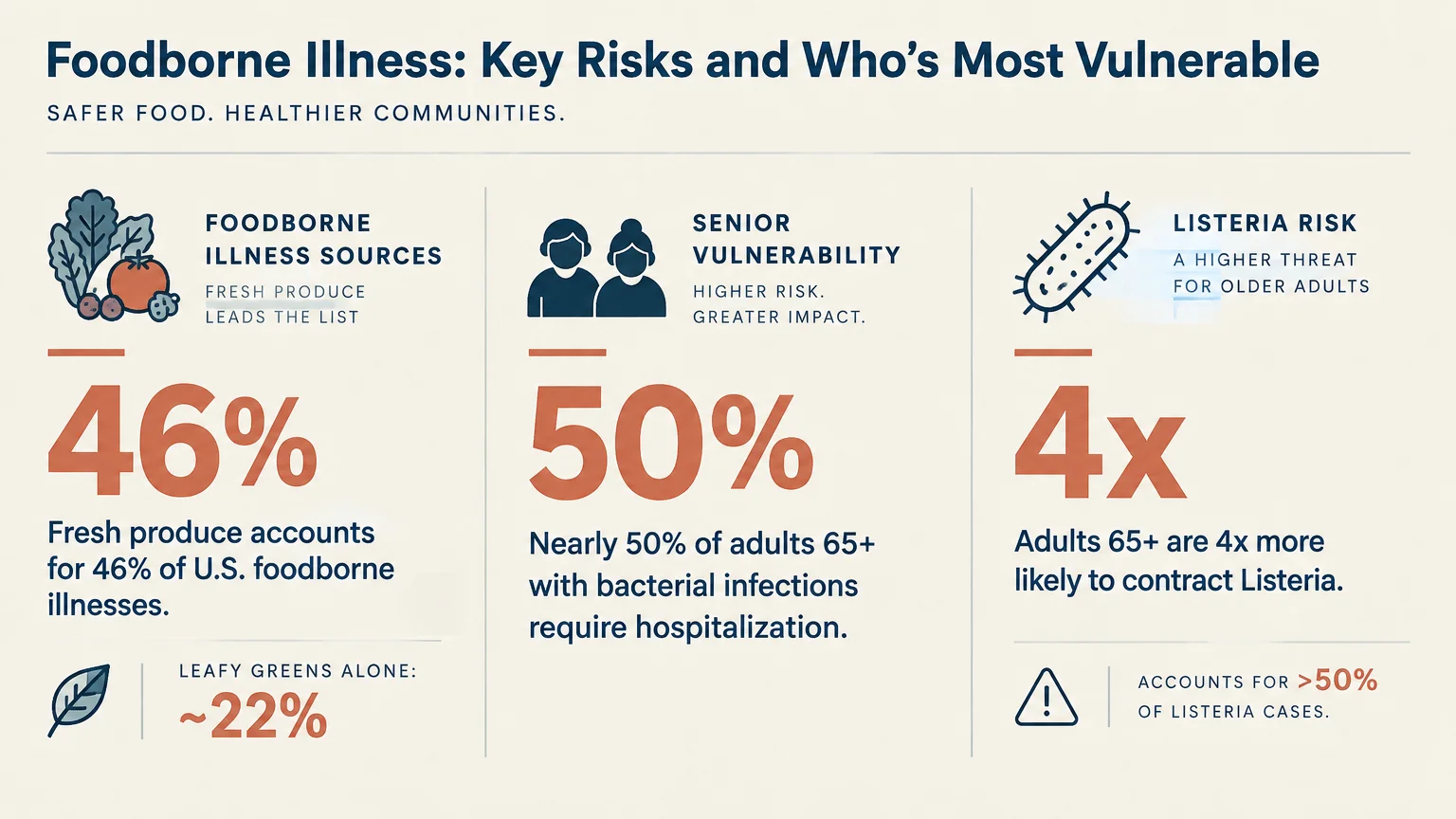 Three panels detailing foodborne illness statistics: 46% produce sources, 50% hospitalization, and 4x senior Listeria risk.
