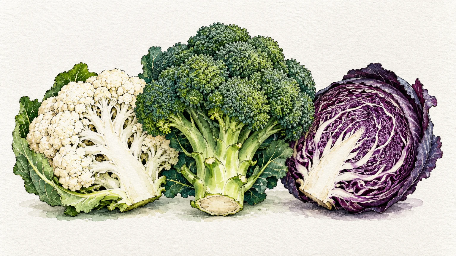 Watercolor illustration of a halved cauliflower, whole broccoli crown, and halved red cabbage on a textured background.