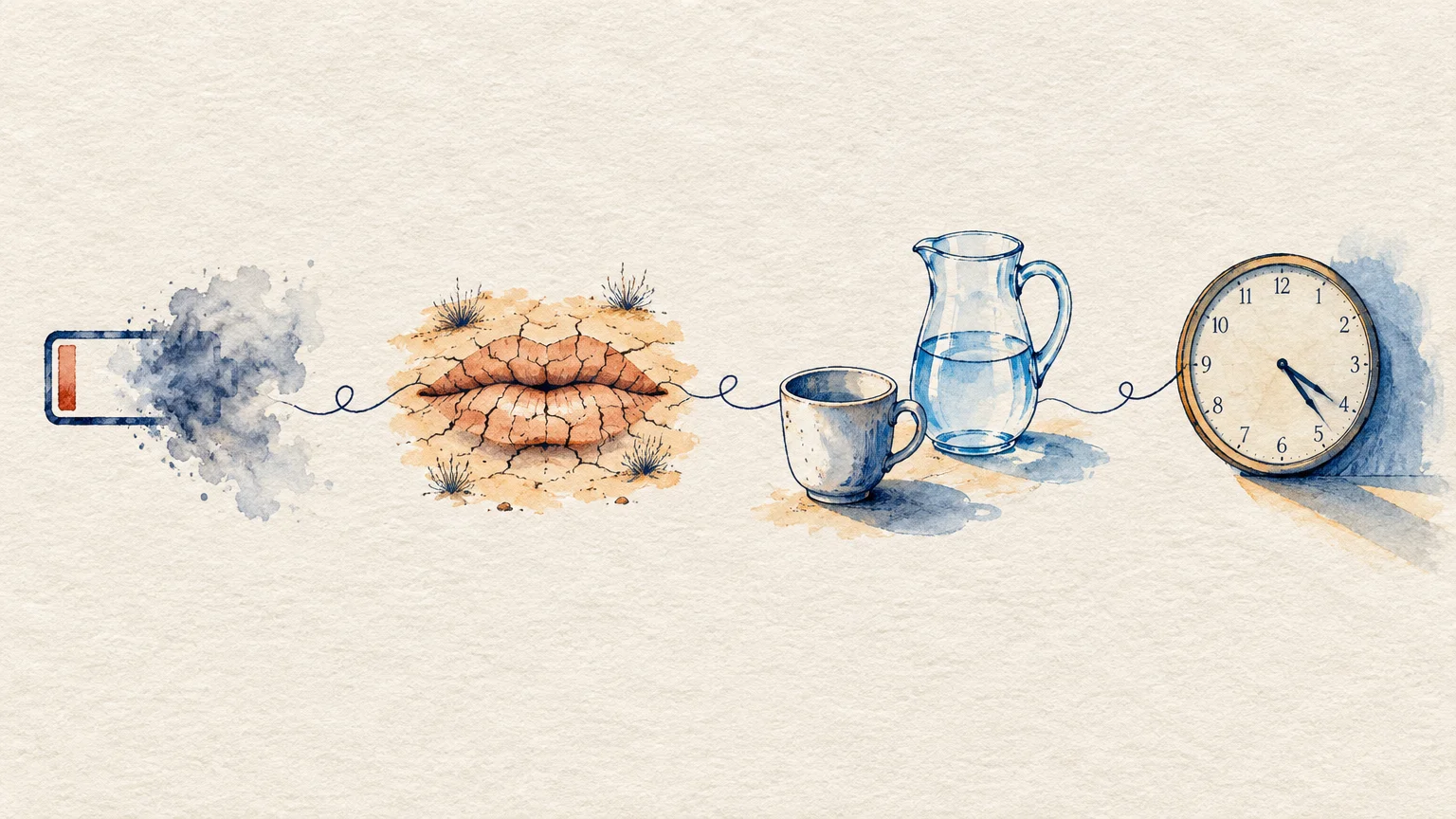 Watercolor illustration of a low battery icon, cracked dry lips, a mug, a water pitcher, and a clock connected by a line.