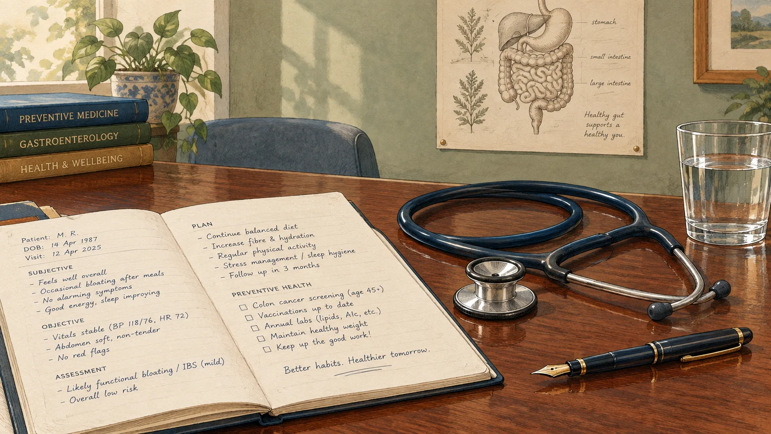 Medical desk with an open patient chart, stethoscope, fountain pen, water glass, books, and digestive system poster.