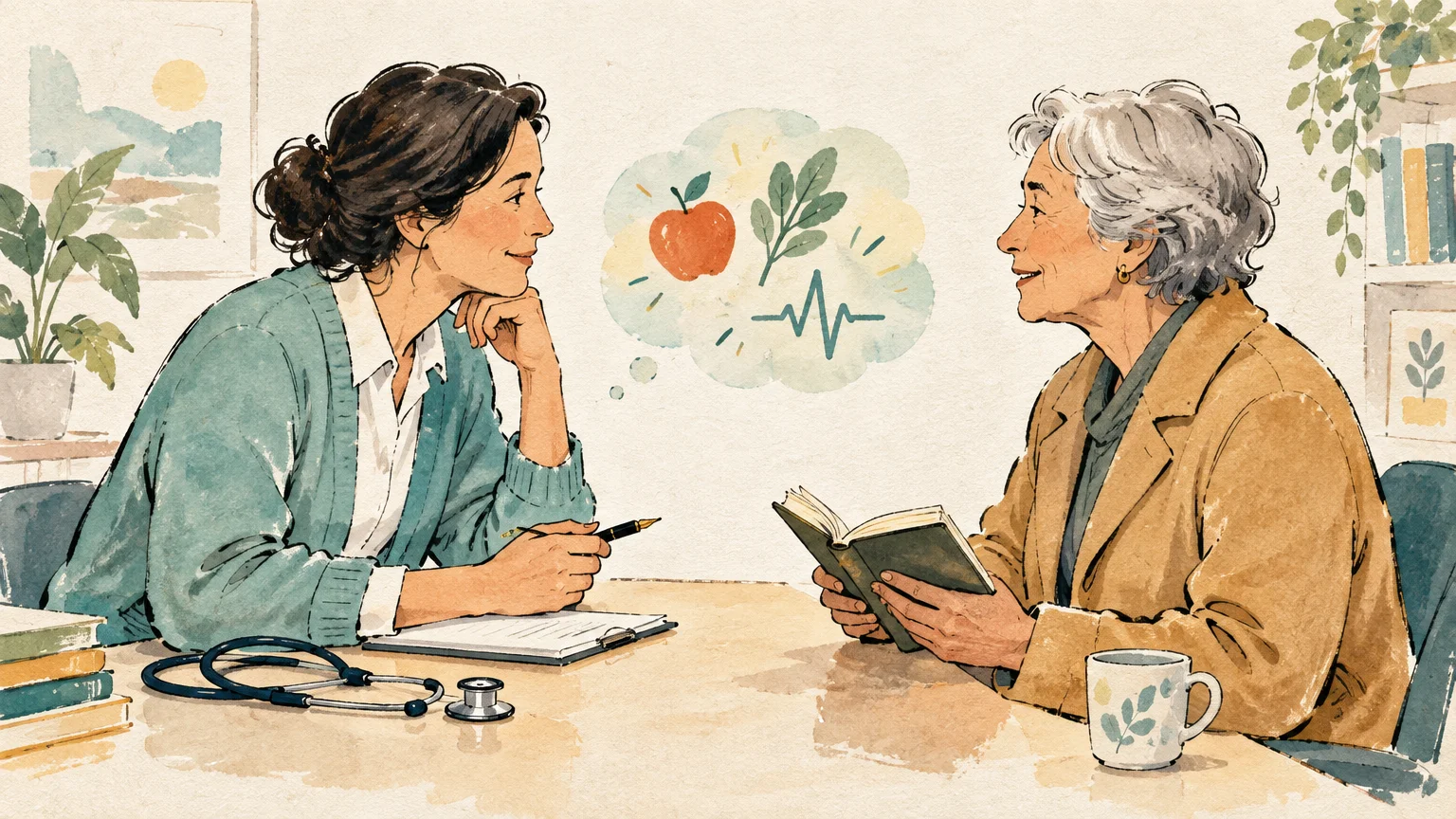 Watercolor illustration of a doctor listening to a senior patient, with a thought bubble of an apple, leaves, and pulse.