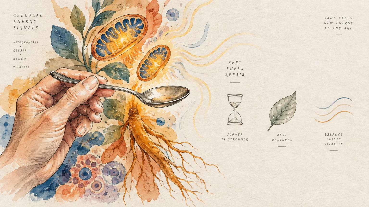 Illustration of a hand holding a spoon beside a ginseng root, cross-sectioned mitochondria, and botanical drawings.
