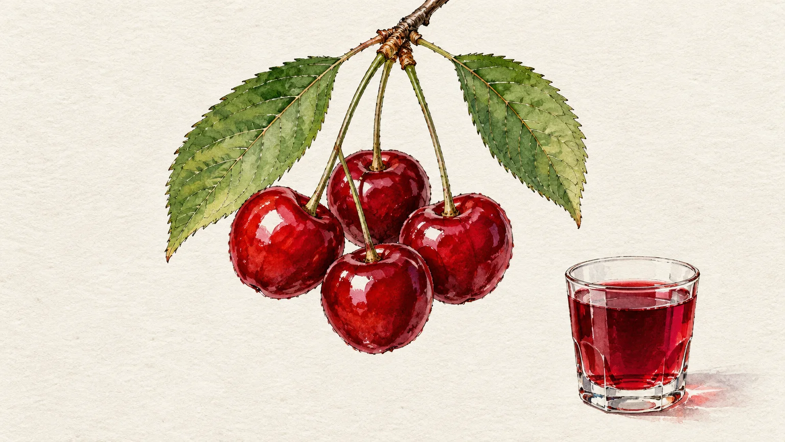 Watercolor illustration of four red cherries on a leafy branch beside a small glass of red cherry juice.