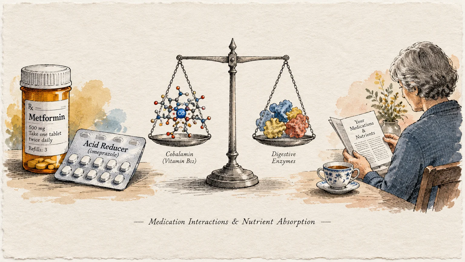 Illustration of Metformin, acid reducers, and a balance scale weighing Vitamin B12 against digestive enzymes before a reader.