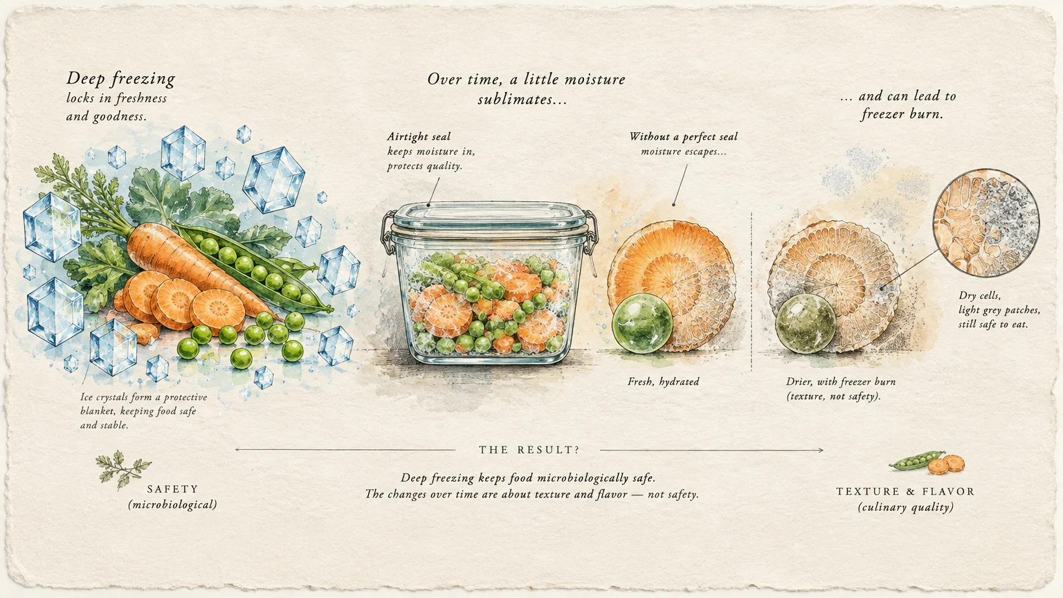 Botanical watercolor diagram showing frozen carrots and peas progressing from ice crystals to freezer burn over time.