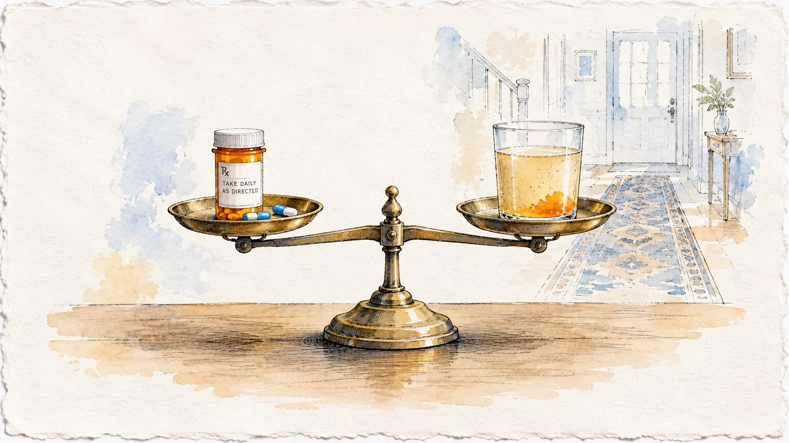 Watercolor illustration of a brass balance scale holding a prescription pill bottle on one side and a drink glass on the other.