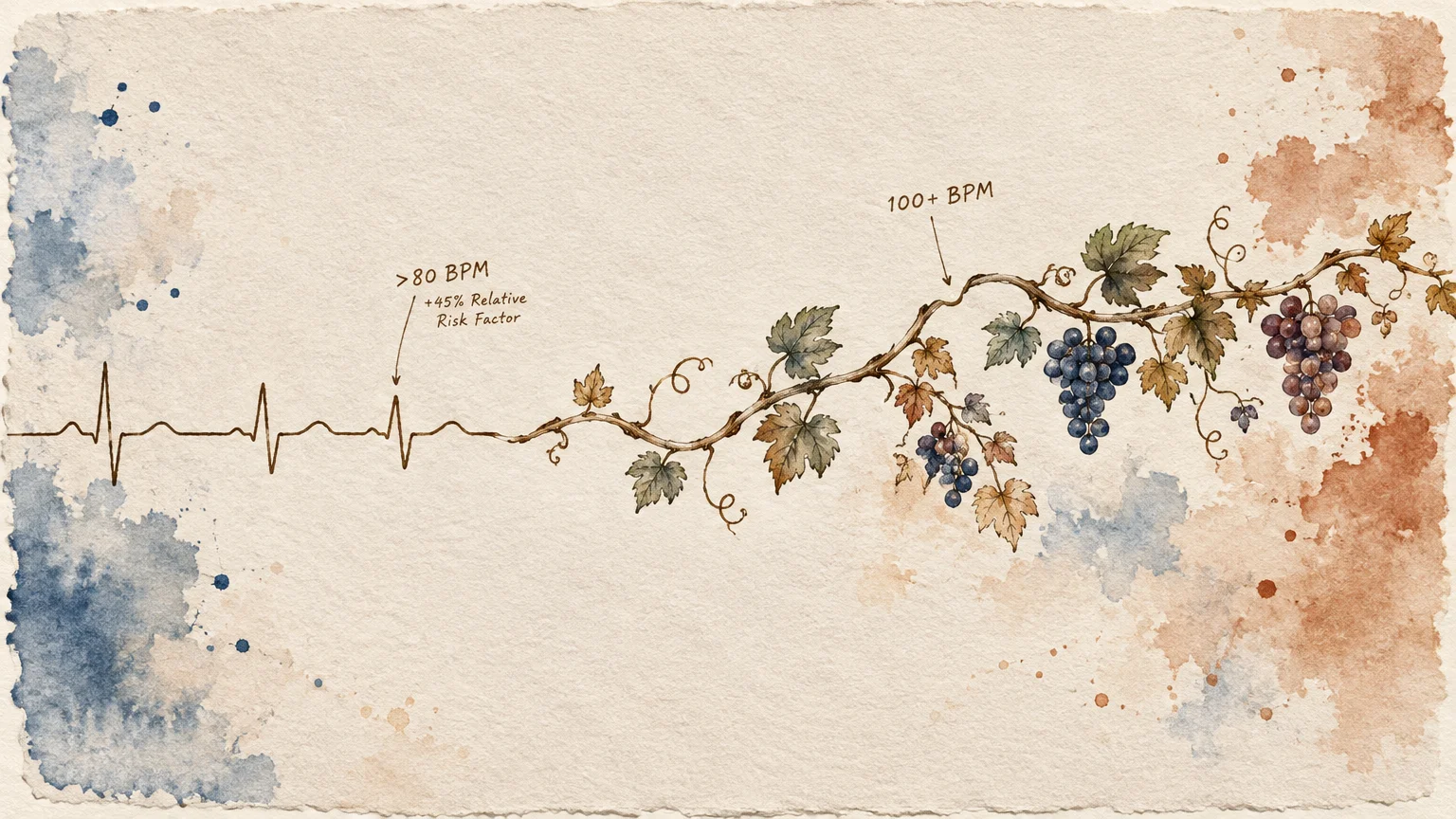 Watercolor illustration of an EKG line transitioning into a grapevine with grapes, labeled with heart rate thresholds.