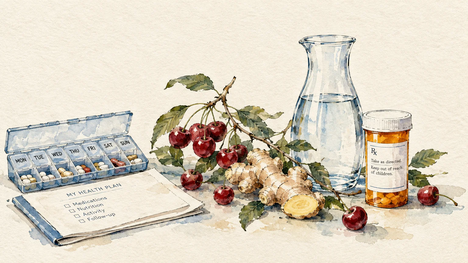 Watercolor of a weekly pill organizer, health plan notebook, ginger root, fresh cherries, a water carafe, and a pill bottle.