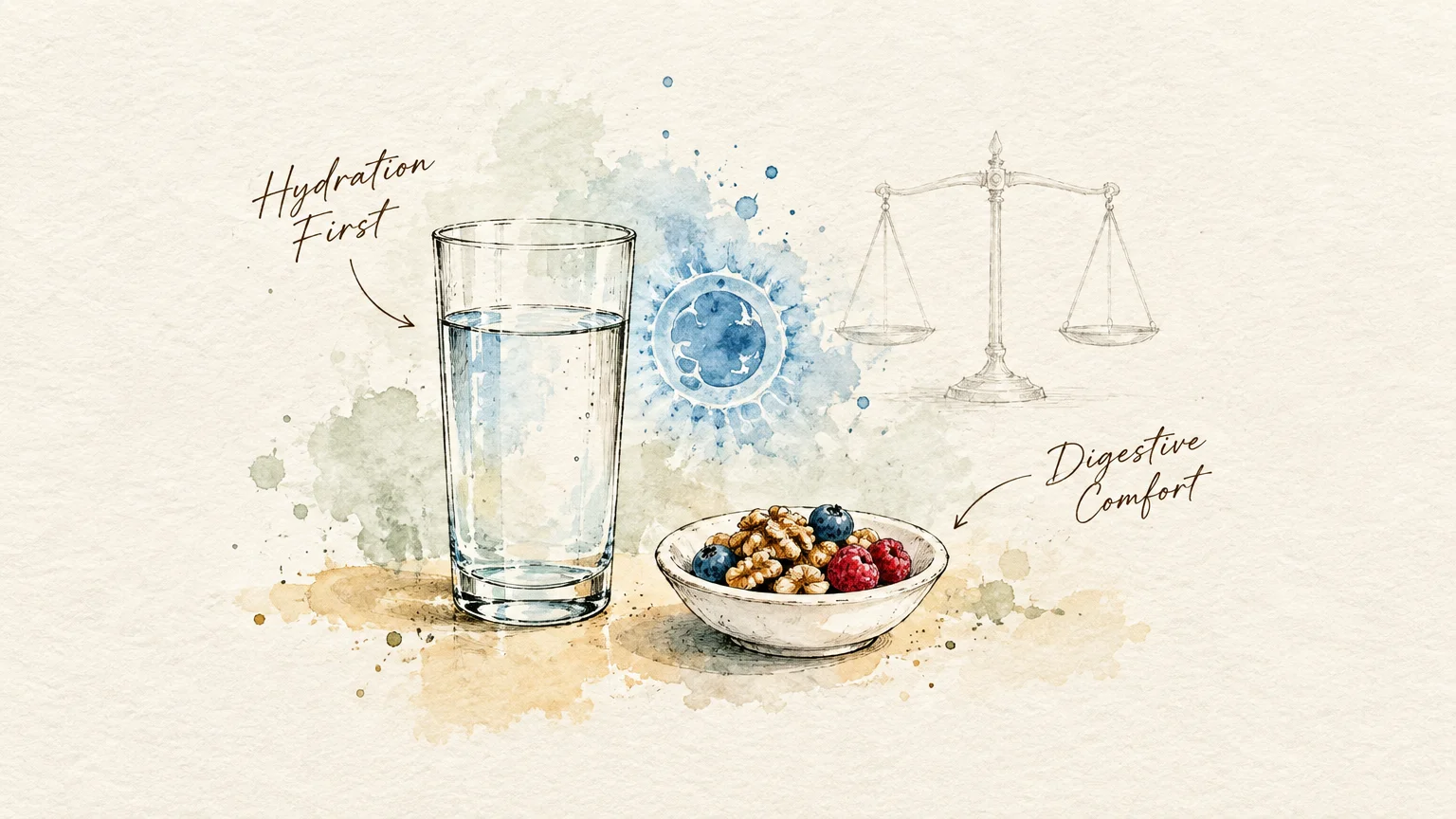 A glass of water next to a bowl of berries and walnuts, with a balance scale sketch in the background.