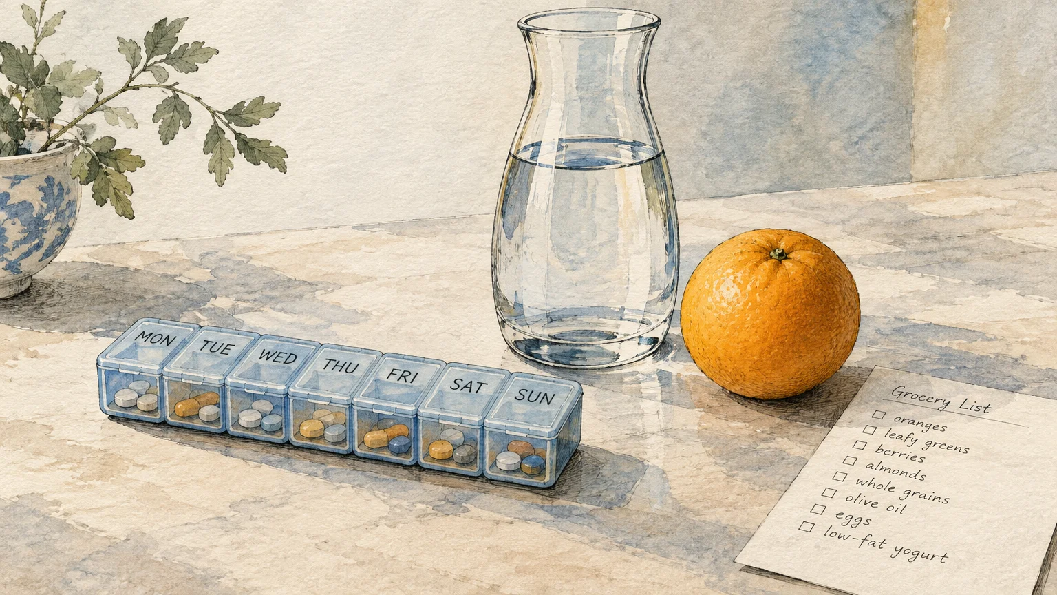 Watercolor illustration of a weekly pill organizer, water carafe, orange, and grocery list on a sunlit table.