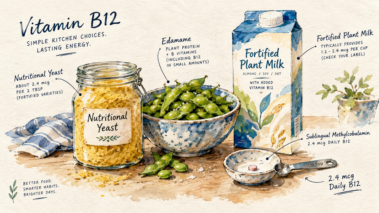 Watercolor illustration showing nutritional yeast in a jar, edamame in a bowl, fortified plant milk, and a B12 tablet.