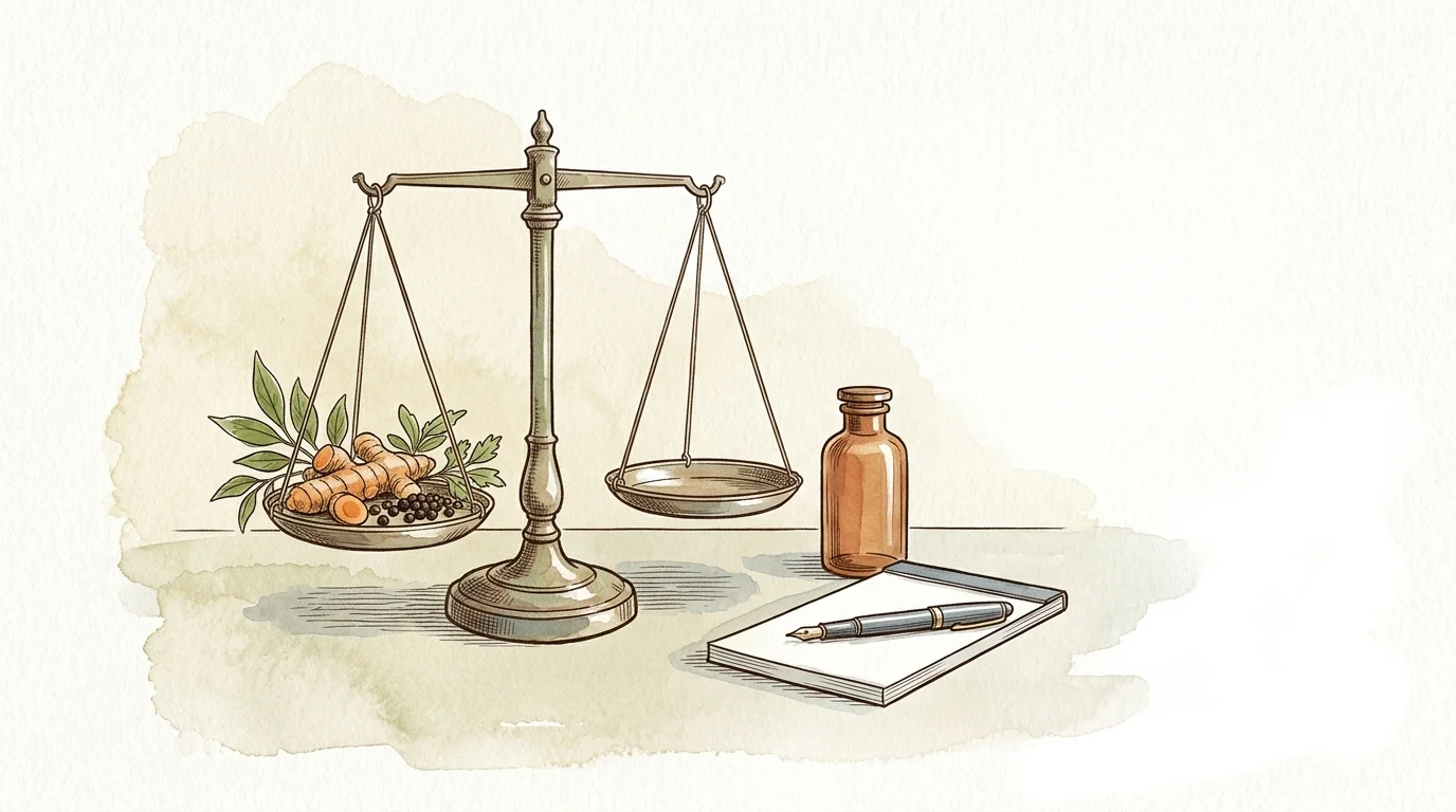 Illustration of a balance scale holding spices on one side, beside a brown medicine bottle and a notepad with pen.