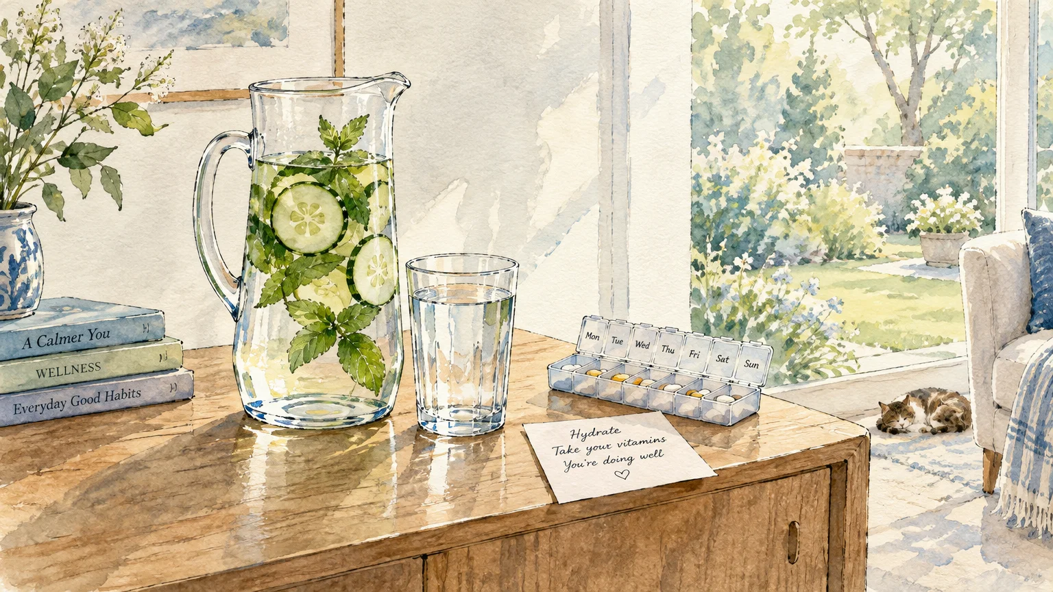 Watercolor of a pitcher of cucumber water, drinking glass, and weekly pill organizer on a sunlit wooden sideboard.