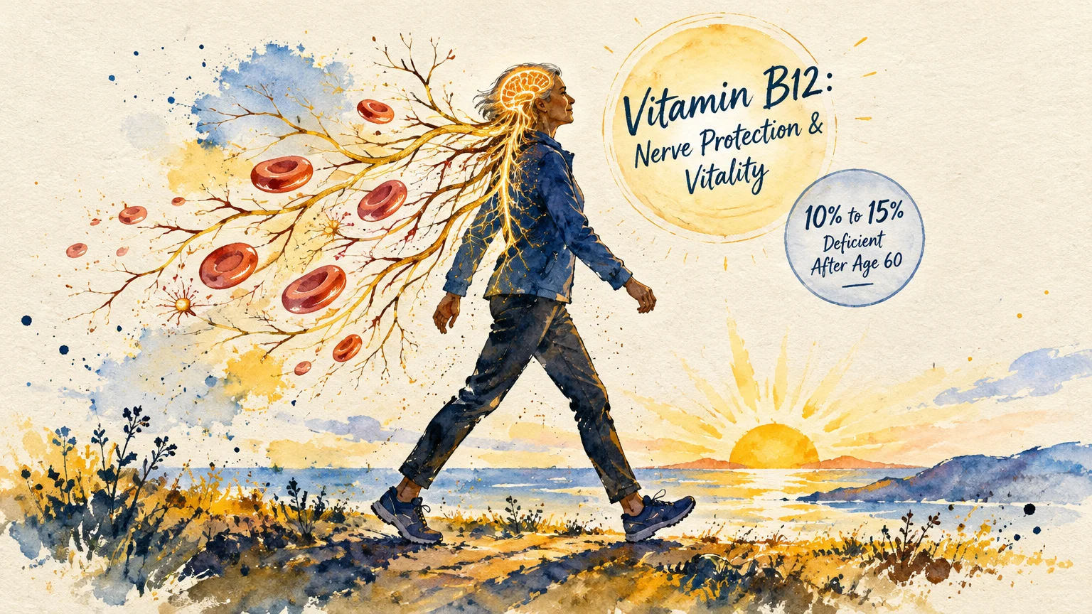 Watercolor illustration of a senior woman walking outdoors, showing stylized nerves, brain, and red blood cells.